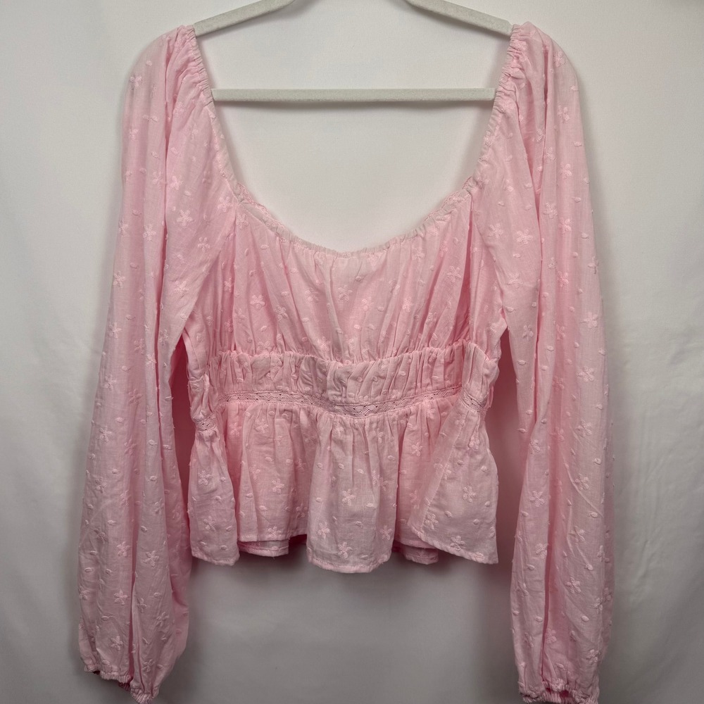 All In Favor Pink Swiss Dot Long Sleeve Peplum Blouse XL LT27563-001 Cottagecore